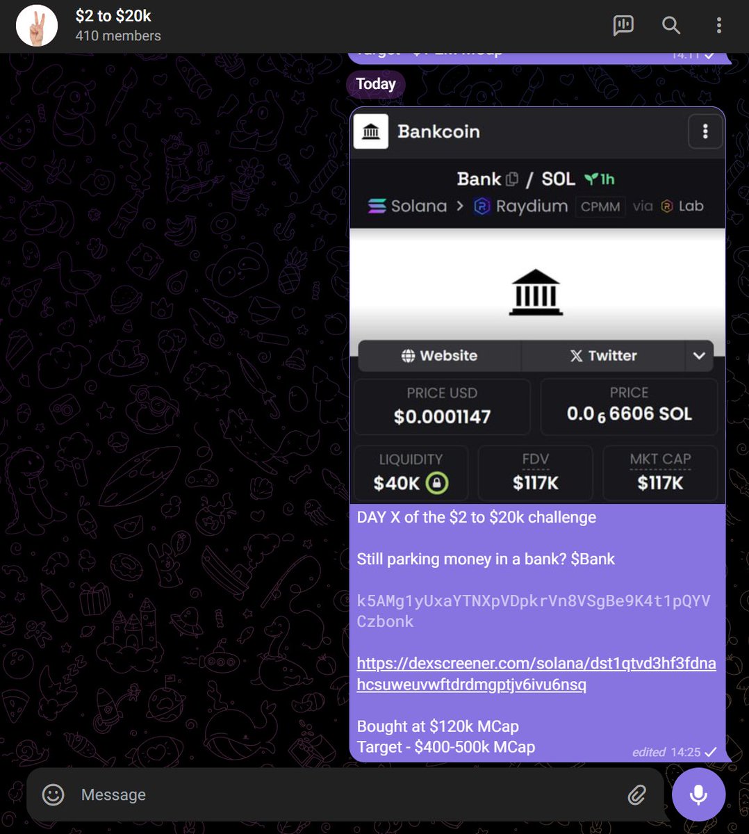 DAY X of the $2 to $20k challenge        

Today, we bagged $Bank

Flipped at 480k MCap - 4x gains

Challenge results:
    
Account balance: $21,504 
Participants: 410
Duration: 4 days

Ready for a new challenge?  

• Like &amp; Retweet      
• Comment "GRIND"      
• Must be