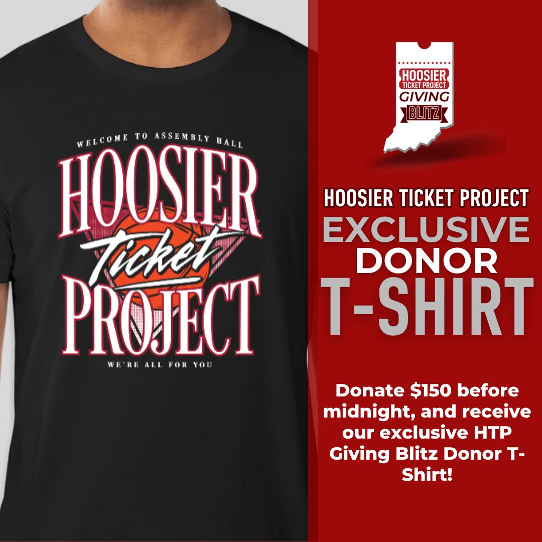 Take your support to the next level with a donation of $150 or more before midnight, and we’ll hook you up with an exclusive Hoosier Ticket Project t-shirt 👕

Every dollar helps us get more first-time fans to IU games. Let’s keep up our strong start❗️

➡️ hoosierticketproject.org/giving-blitz