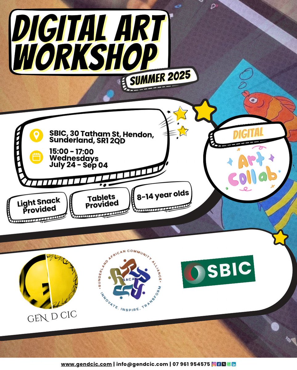 gen_d_cic's tweet photo. 🤩 We’re buzzing with joy to bring the Digital Art Collab workshops to @SunderlandUK this summer in collaboration with our amazing friends @SACAsunderland &amp; with support from @SBInterCentre ✨
Shoutout to brilliant local organisations working together for our young people 🙌 https://t.co/KRpIowtV7O