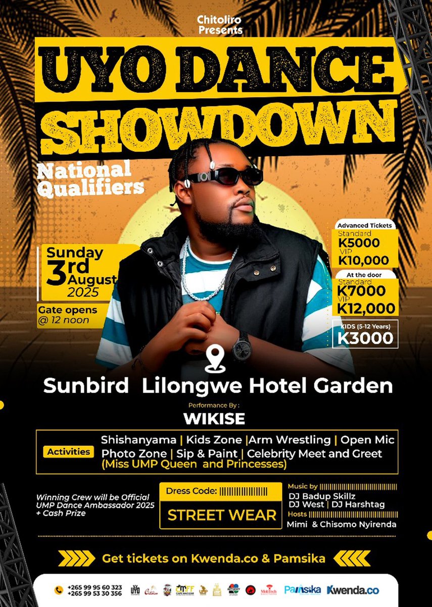 Kwenda.Co (@kwendaco) on Twitter photo ๐ฅUYO Dance Showdown 2025!
25 dance crews. Winners get cash prize and hit the UMP Festival finale.
๐Sunbird Lilongwe Hotel
๐
3 Aug
๐12PM
๐คTemwah, Tsar Leo, Wikise
๐งDJs Badup Skillz, West & Harshtag
๐Streetwear
๐ซTickets on kwenda: Dial *495# or ๐๐ฝ kwenda.co/events/5f834f4โฆ ๐ฅUYO Dance Showdown 2025!
25 dance crews. Winners get cash prize and hit the UMP Festival finale.
๐Sunbird Lilongwe Hotel
๐
3 Aug
๐12PM
๐คTemwah, Tsar Leo, Wikise
๐งDJs Badup Skillz, West & Harshtag
๐Streetwear
๐ซTickets on kwenda: Dial *495# or ๐๐ฝ kwenda.co/events/5f834f4โฆ