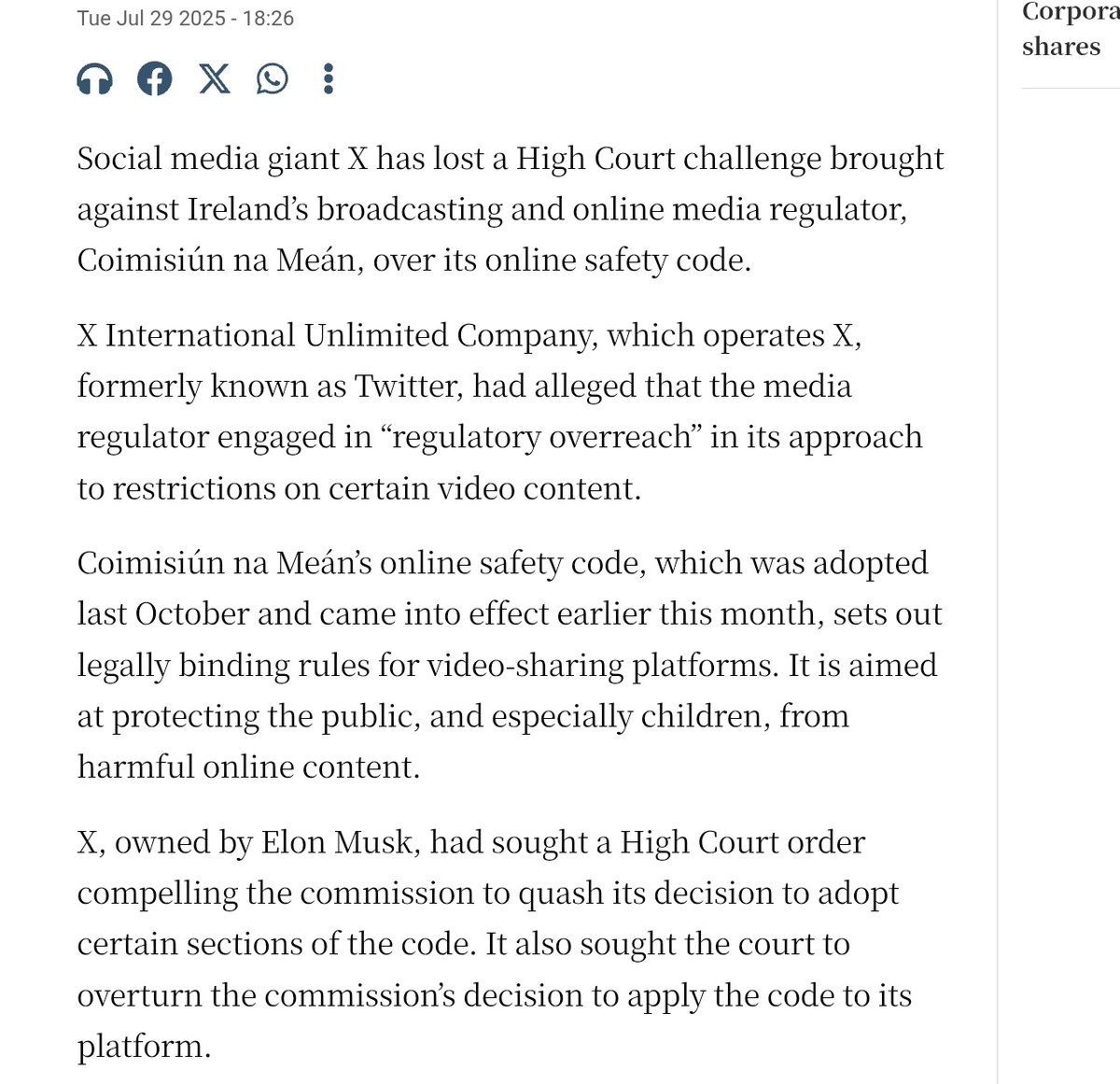 A blow to free speech yesterday as Irish courts rejected a challenge brought by X against the online safety code. 

I won't be shocked if social media platforms begin to abandon Ireland and Europe because the entire continent is living under totalitarianism.