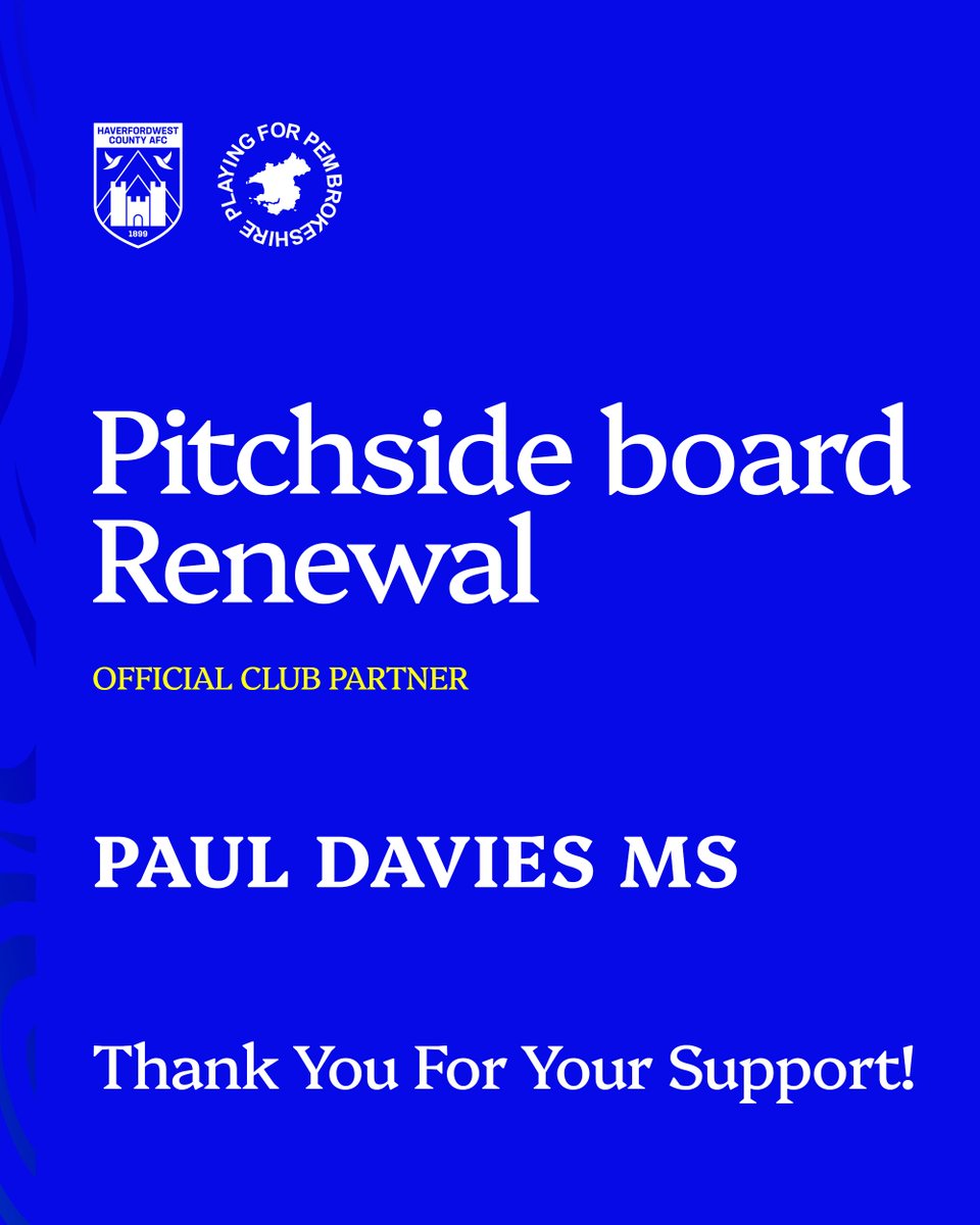 A big thank you to <a href="/PaulDaviesPembs/">Paul Davies MS/AS 🏴󠁧󠁢󠁷󠁬󠁳󠁿</a>, who has renewed his pitchside board sponsorship for the 2025-26 season! 🤝

Your continued support of Haverfordwest County is greatly appreciated, Paul 💙
 
👉 paul-davies.org.uk