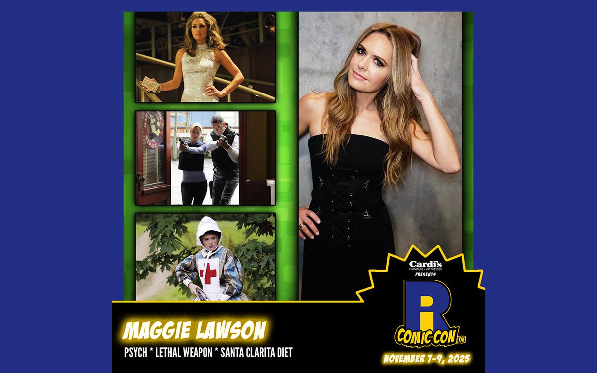 Please welcome <a href="/maggielawson/">Maggie Lawson</a> to #RICC2025 at <a href="/The_AMPPVD/">Amica Mutual Pavilion</a> and <a href="/RIConvention/">Rhode Island Convention Center</a>! Maggie is best known for her role as Detective Juliet "Jules" O'Hara in Psych, and its subsequent film series. She held the recurring role of Natalie Flynn in the third and final season of Fox's Lethal