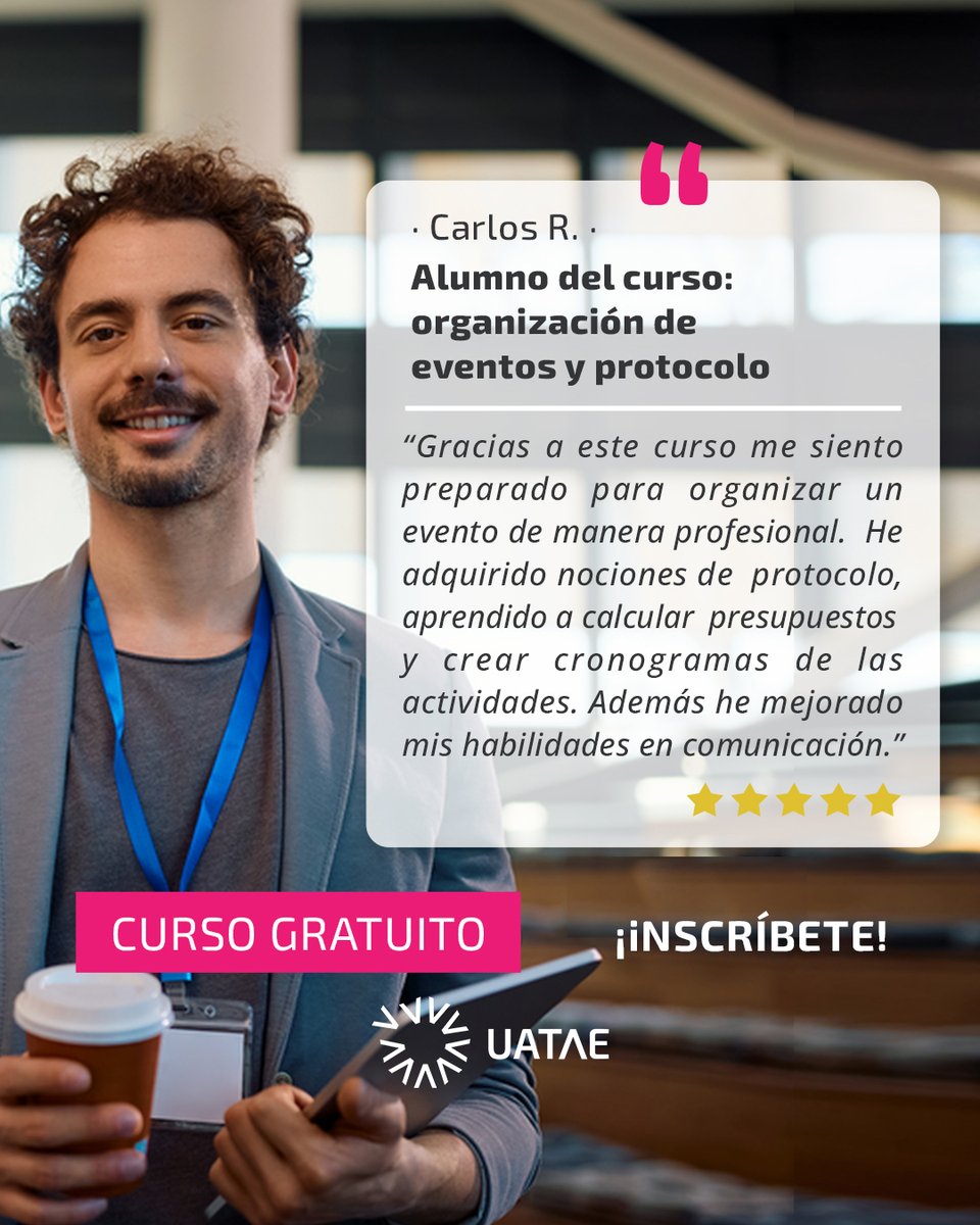 🎯 Aprende a planificar, coordinar y ejecutar eventos como un/a profesional del protocolo.

📌 Curso online y gratuito de 65h
👨‍💻 Personas trabajadoras con plazas para desempleados/as

🔗 Inscripción aquí: uatae.org/organizacion-d…

#FormaciónOnline #UATAE #CursosGratuitos