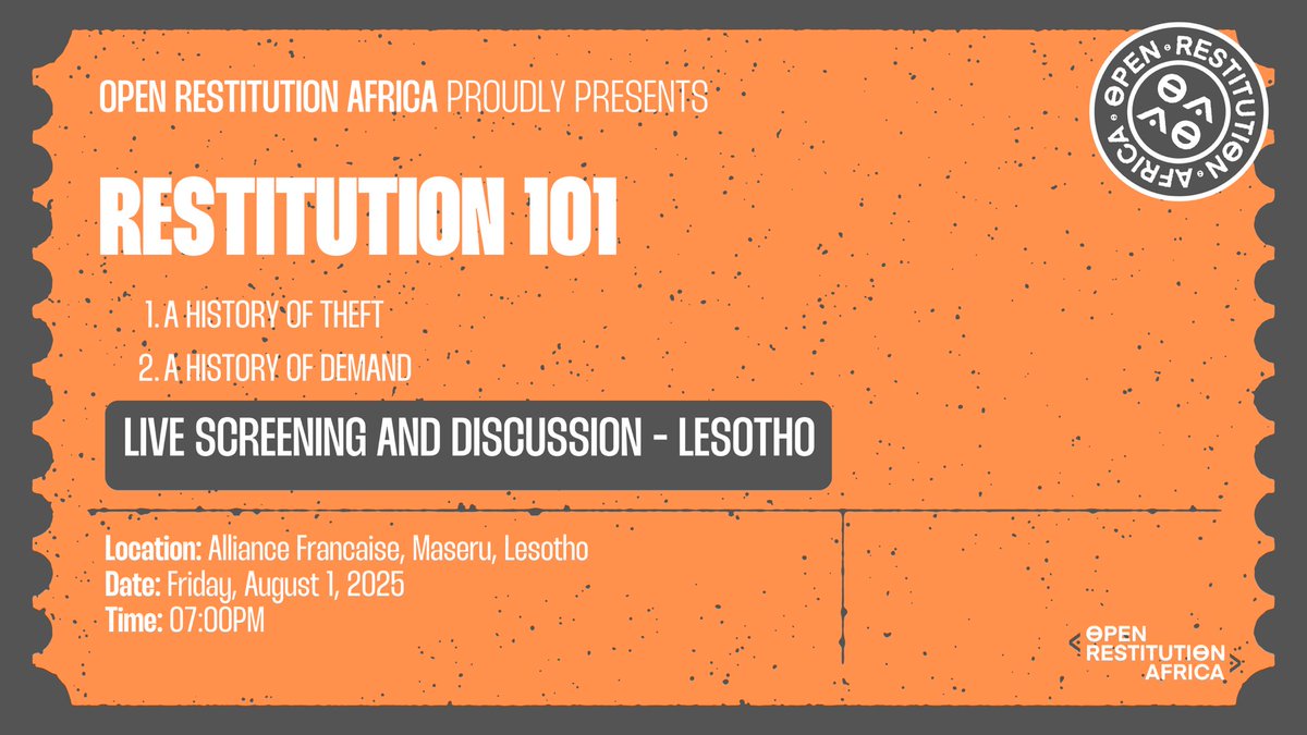 🎥 We're heading to Lesotho!

Join us for a live screening and discussion of Restitution 101 — our series that unpacks the what, why and how of restitution across the continent.

🗓️ 1 August 2025
📍Alliance Française, Maseru
🕕 6PM

#Restitution101 #OpenRestitution #Lesotho