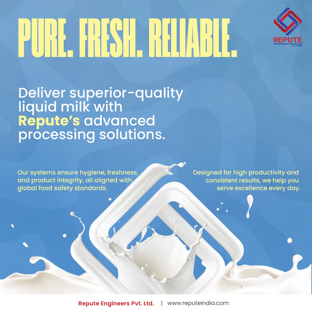 Repute_India's tweet image. Deliver superior-quality liquid milk with Repute’s advanced processing solutions.

Our systems are engineered to ensure:

• Hygiene and freshness
• Extended shelf life
• Compliance with global food safety standards

#ReputeEngineers #MilkProcessing #LiquidMilkSolutions