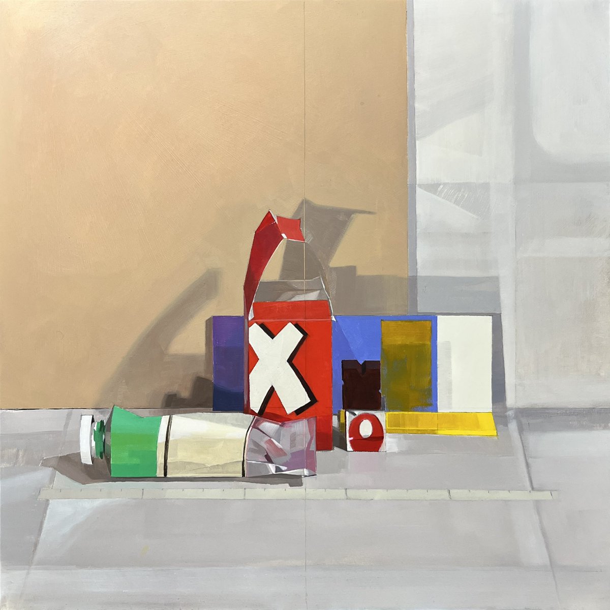 Still Life with Stock Cubes - oils on panel, 30cm sq. 

Just finished with this study of random objects culled from my studio and kitchen, in an attempt to avoid the usual organic forms and palette. Very much an exercise for myself, developing observing from life as well as ideas