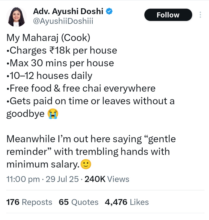 People will post such ridiculous claims for self employed people and yet will never take up those professions with literally no entry barriers. Why doesn't she quit her minimum salary job and take up the luxurious life of cooking at other people's house
