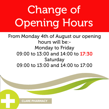 We are changing our opening hours......
From the 4th of August our opening hours on the week days:-
Old hours
Monday to Friday 09:00 to 13:00 &amp; 14:00 to 18:00
New hours
Monday to Friday 09:00 to 13:00 &amp; 14:00 to *17:30*
(Saturday Remains  09:00 to 13:00 &amp; 14:00 to 17:00)