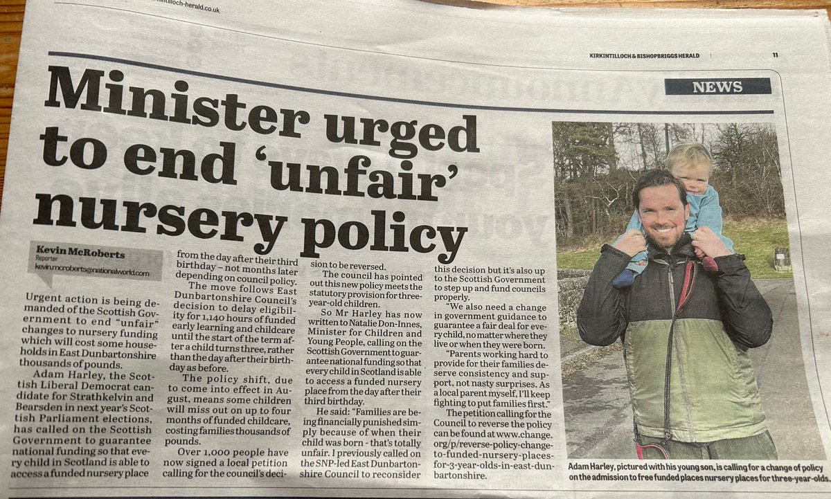 Great to see local press cover this again.

I’ve written to the Minister calling for urgent action on East Dunbartonshire’s unfair nursery policy.

No child should miss out on months of funded care just because of their birthdate. 
📸👇