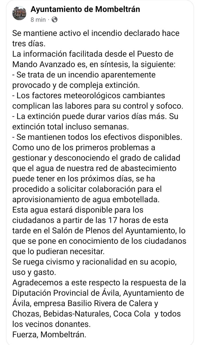 🚨 (30/07, 13:31) #IFCuevasDelValle. Bando del Ayuntamiento de #Mombeltrán:
- "La extinción puede durar varios días".
- "Aprovisionamiento de agua embotellada para los vecinos a partir de las 17:00 en el Ayuntamiento, que ruega civismo y racionalidad en su acopio, uso y gasto".