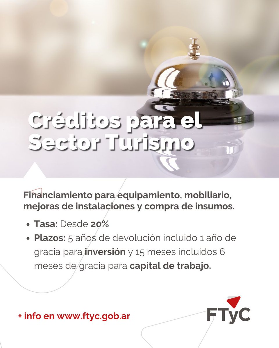 🏨 Si trabajás en turismo, este crédito puede ayudarte a renovar espacios, sumar equipamiento o reponer insumos clave.
Condiciones accesibles, plazos con gracia y respaldo para seguir creciendo.

📲 Más info en ftyc.gob.ar