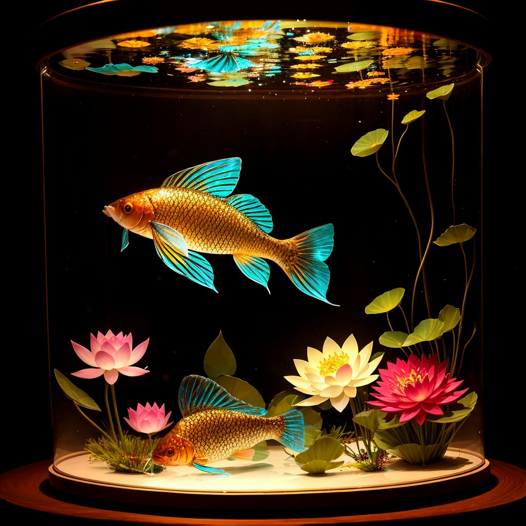 sanzi_sannzi's tweet image. 光る魚とハスの花ランプで ＃Ai動画。
先日大きな蓮の花が盛大に咲いているのを見て、そういう季節なんだなあと作成しました。
なんか似たようなのばかり作成しているけど季節ものなので😋。
（ #StableDiffusionWebui #FramePack ）