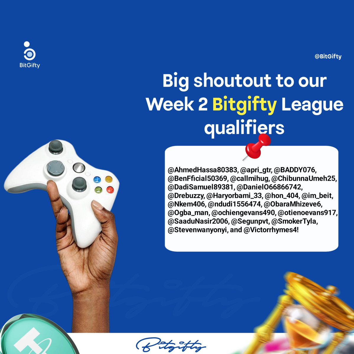 BitGifty (Celo Camp s8) (@bitgifty) on Twitter photo Congratulations to our Week 2 Bitgifty League qualifiers:
<a href="/AhmedHassa80383/">Ahmed Hassan</a>,
<a href="/apri_gtr/">web3</a>,
<a href="/BADDY076/">ADEBOLA💡</a>,
<a href="/BenFficial50369/">Øffiçiäl £bën Riçhie</a>,
<a href="/callmihug/">Ugo Chukwu</a>,
<a href="/ChibunnaUmeh25/">chibunnavincent</a>,
<a href="/DadiSamuel89381/">Samuel DADI</a>,
<a href="/DanielO66866742/">Daniel Oscar</a>,
<a href="/Drebuzzy/">Dre</a>,
<a href="/fola_ayooooo/">ayo fola</a>
<a href="/Haryorbami_33/">Har Yor Bami</a>,
<a href="/hon_404/">o. ⚽ ⚽ ⚽ $QORPO</a>,
@im_beit,
<a href="/Nkem406/">Nk E</a>,
<a href="/ndudi1556474/">CHEF WIZZY</a>, Congratulations to our Week 2 Bitgifty League qualifiers:
<a href="/AhmedHassa80383/">Ahmed Hassan</a>,
<a href="/apri_gtr/">web3</a>,
<a href="/BADDY076/">ADEBOLA💡</a>,
<a href="/BenFficial50369/">Øffiçiäl £bën Riçhie</a>,
<a href="/callmihug/">Ugo Chukwu</a>,
<a href="/ChibunnaUmeh25/">chibunnavincent</a>,
<a href="/DadiSamuel89381/">Samuel DADI</a>,
<a href="/DanielO66866742/">Daniel Oscar</a>,
<a href="/Drebuzzy/">Dre</a>,
<a href="/fola_ayooooo/">ayo fola</a>
<a href="/Haryorbami_33/">Har Yor Bami</a>,
<a href="/hon_404/">o. ⚽ ⚽ ⚽ $QORPO</a>,
@im_beit,
<a href="/Nkem406/">Nk E</a>,
<a href="/ndudi1556474/">CHEF WIZZY</a>,