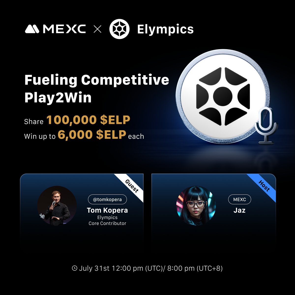 🎙️ MEXC X Space AMA 🎙️

🔹Topic: MEXC x ELP: Fueling Competitive Play2Win
🔹Guest: <a href="/tomkopera/">Tom Kopera</a> from <a href="/elympics_ai/">Elympics</a> 

🔔 Set a reminder now: x.com/i/spaces/1eaKb…

🎁 Win up to 6,000 $ELP each: gleam.io/ghans/mexc-x-e…