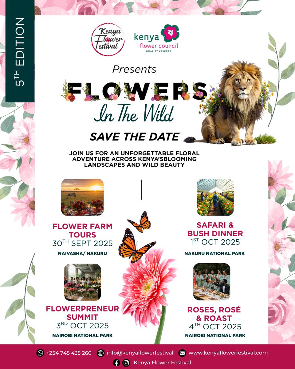 🌸 Are you ready? 🌿
@kenyaflowerfestival x @kenyaflowercouncil present:
 #FlowersInTheWild – the 5th edition of the Kenya Flower Festival!
🌺 Farm tours
🦓 Safari &amp; bush dinner
💐 Flowerpreneur Summit
🌹 Roses, Rosé &amp; Roast

📅 Save the date – more soon.
 #FlowerSafari #KeFflo25