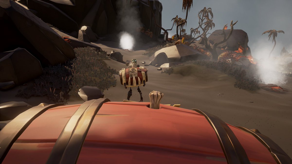Theme: Pretentious Photography
Title: Boom Buddies - An Explosive Tale
Two kegs. Two fools. A Mexican standoff in the Devil’s Roar💥☠️ 
#SoTShot #SeaOfThieves <a href="/SeaOfThieves/">Sea of Thieves</a>