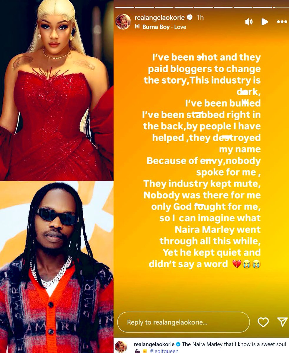 "This industry is d@rk, I've been bulli*d and st@bbed right at the back.. so I can imagine what Naira Marley went through ..yet he kept quiet" – Actress, Angela Okorie says in reaction to the past accusations on the artiste following the demisɘ of Mohbad

—-
Dede Isabella Koyin