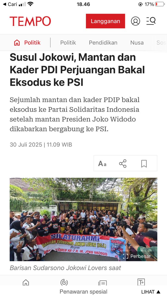 SUSUL JOKOWI , MANTAN DAN KADER PDIP BAKAL EKSODUS KE PSI !!

Sejumlah mantan dan kader aktif PDI Perjuangan dikabarkan bersiap bergabung ke Partai Solidaritas Indonesia (PSI), menyusul spekulasi bergabungnya Presiden ke-7 RI, Joko Widodo, ke partai tersebut. Dinamika ini menjadi