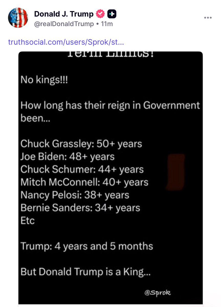 President Trump just posted this on Truth Social, advocating for term limits of uniparty politicians who have been in office for over 30 years. 

This further exposes the insanity of the radical left’s “No Kings” movement.

Congress is just hospice with better amenities.