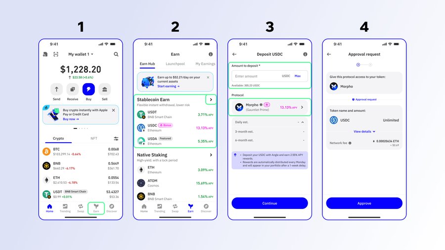 TrustWallet's tweet image. 1. Choose a stablecoin ($USDT, $USDC, $USDA &amp;amp; $DAI)
2. Choose a chain (Ethereum, BNB Chain, Base, 3) Arbitrum).
3. Tap “Earn.” That’s it.

Rewards come in daily. You stay in control.

Learn more: trustwallet.com/blog/announcem…