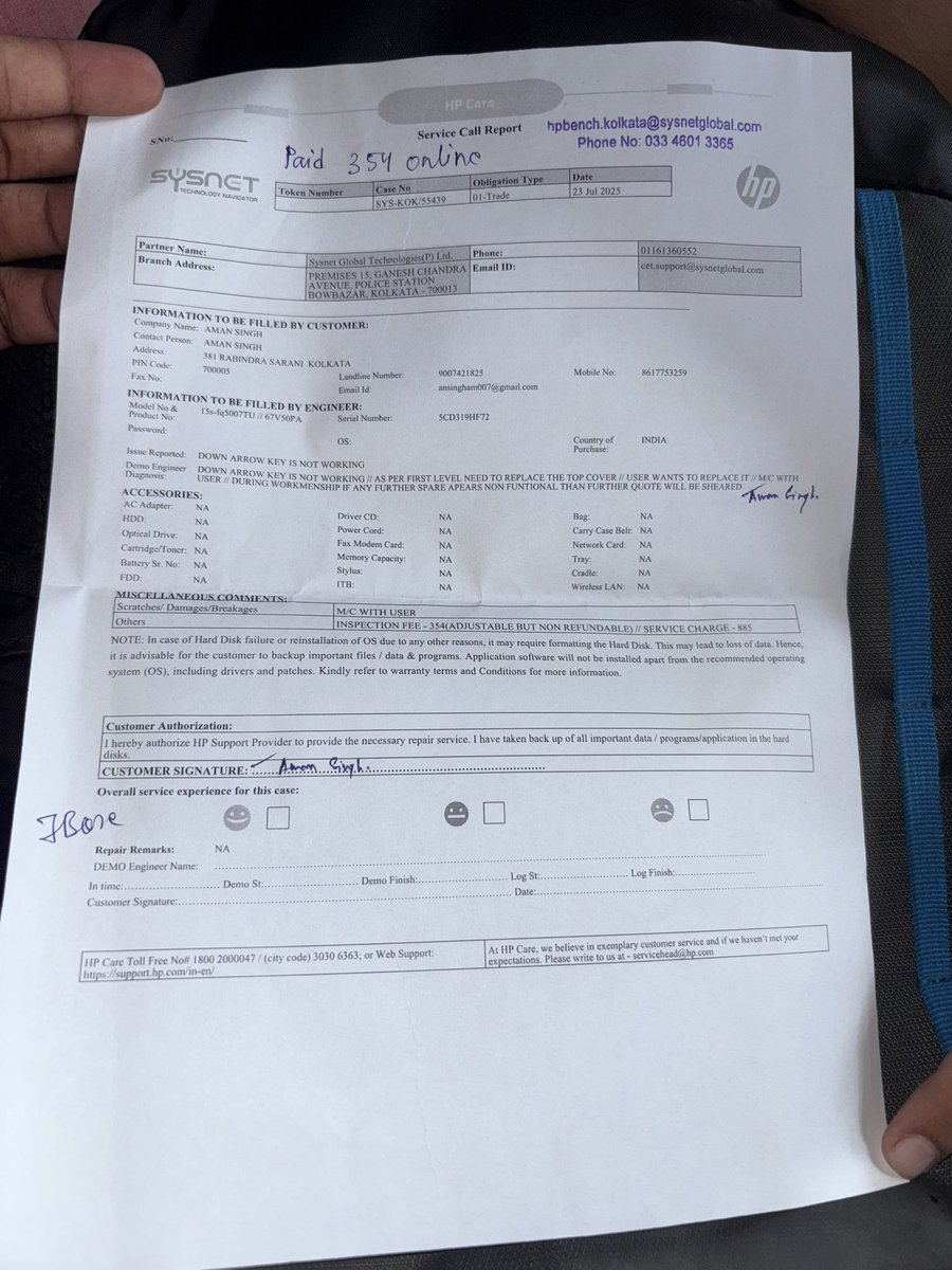 MrModerator007's tweet photo. @HPSupport I visited your service centre (Sysnet Global Technologies, 15 Ganesh Chandra Ave, Kolkata) on 23 July for keyboard issues on my HP Laptop 15s 15Q5007TU (S/N: 5CD319HF72).

Paid ₹354 as inspection fee but haven’t received any quotation, call, or update since. They are https://t.co/u7KGY31u4u