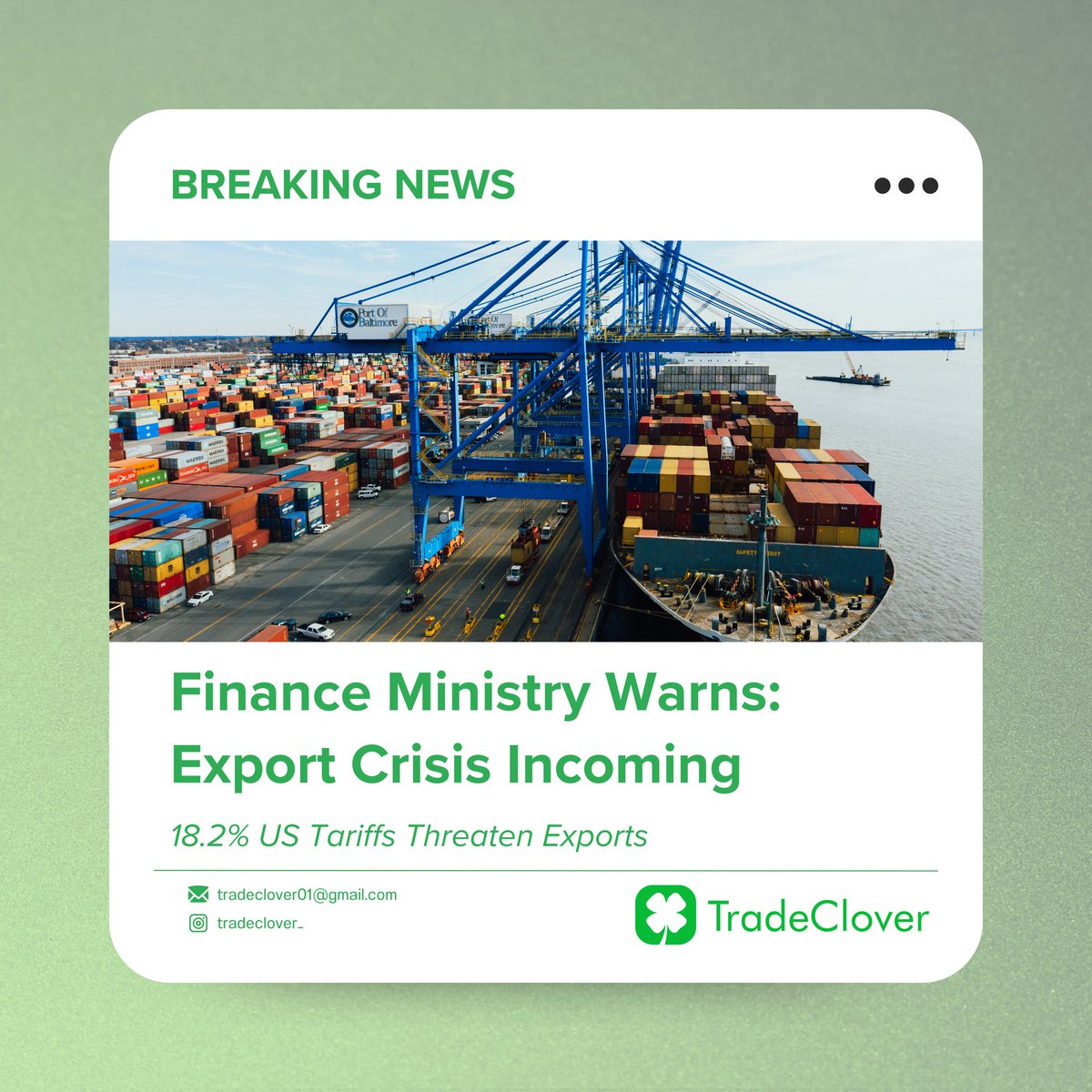 tradeclover_'s tweet image. 🚨 India’s Finance Ministry warns of export crisis:
📉 Flat growth ($35.14B)
⚠️ US tariffs avg. 18.2%
🌍 Global slowdown &quot;dampening demand&quot;

Smart traders are de-risking NOW.

Discover tariff-safe markets with #TradeClover.
🛡️ #ExportAlert #TradeCrisis #IndianExports