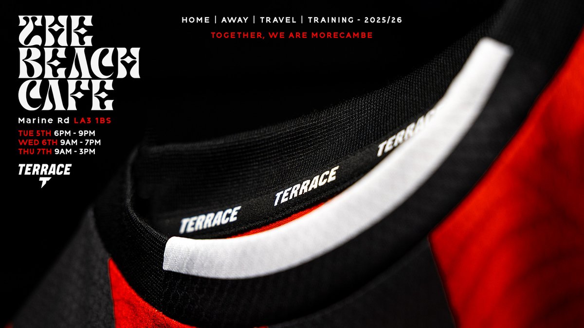 Tuesday 5th August | 6pm x The Beach Cafe.

Strength in numbers, we are Morecambe. You the fans, are our marketing campaign.

See you on the Promenade for a kit launch like no other, across 3 days on the sea front, while stocks last...