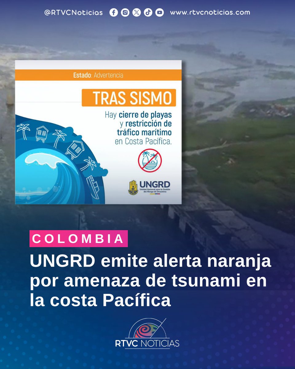 🌊🇨🇴 #Colombia | Tras el sismo de 8.8 de magnitud en Rusia, la <a href="/UNGRD/">UNGRD🇨🇴</a> y Dimar emitieron alerta naranja de tsunami en la costa pacífica colombiana tras fuerte oleaje y corrientes fuertes. Hay alertas en Nariño y Chocó.

📰Lee la nota completa acá▶️lc.cx/oGXa8K