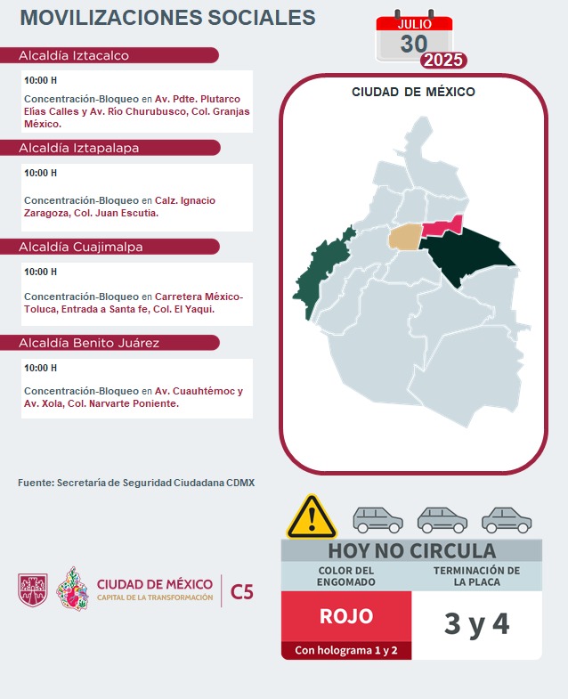 ⚠🗓 #ENTÉRATE | Para hoy, 30 de julio 2025, estas son las movilizaciones sociales previstas en la Ciudad de México. 

#C5ConConfianza #MovilidadCDMX #C5OjosDeLaCDMX 👀 #C5CorazónDeLaCDMX
