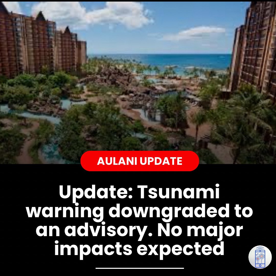 Streaming The Magic (@streamingmagic) on Twitter photo Good news for Hawaii & guests staying at Disney’s Aulani resort. The tsunami warning has been downgraded to an advisory. No major impacts are expected. #disneyresorts #aulani #tsunami #hawaii Good news for Hawaii & guests staying at Disney’s Aulani resort. The tsunami warning has been downgraded to an advisory. No major impacts are expected. #disneyresorts #aulani #tsunami #hawaii