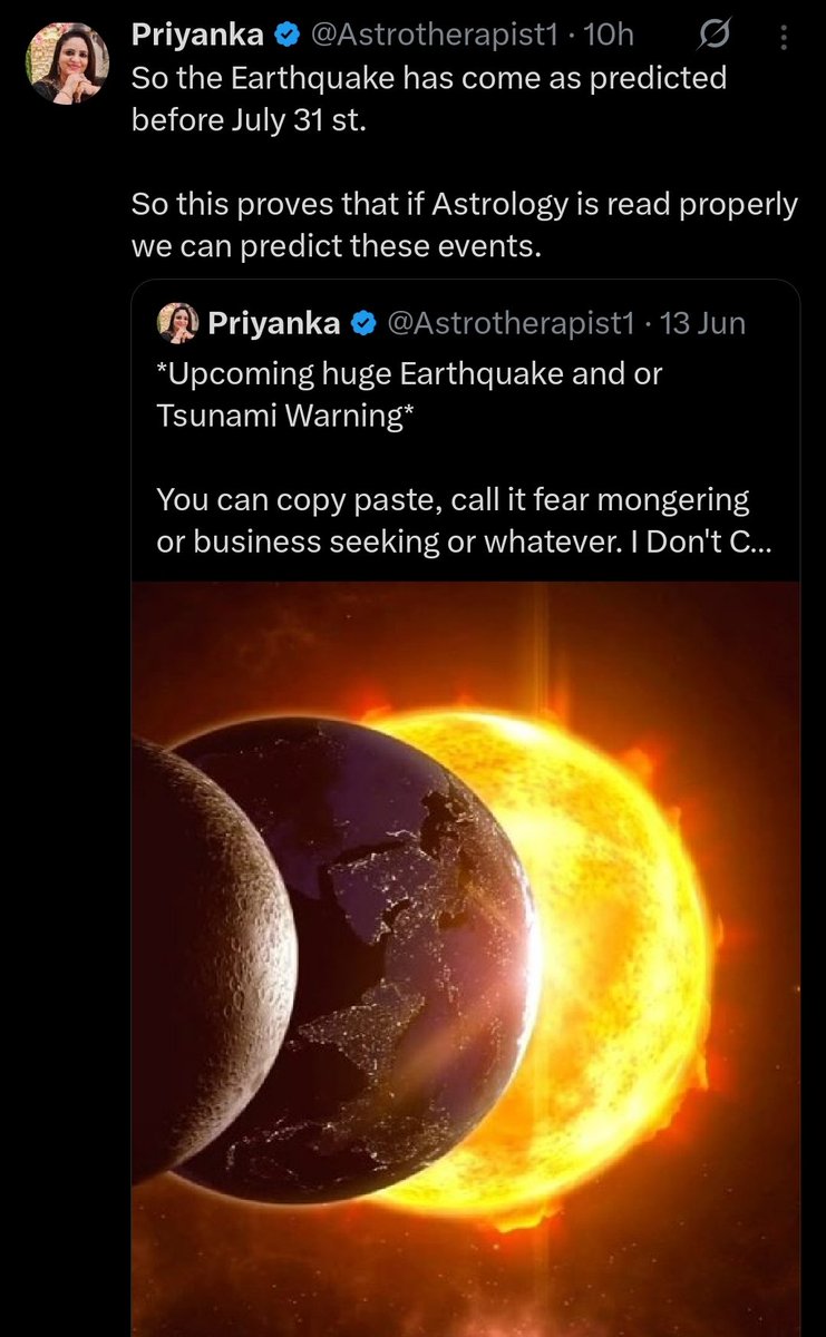 Truthpole's tweet photo. 🚨 An astrologer who has seemingly predicted the Earthquake and Tsunami that happened today

She has also prected an Alien disclosure or an encounter within 2025

Interesting 👁️

#Ufotwitter #Tsunami #Russia #Hawaii #Earthquake https://t.co/gmf5uJcWsv