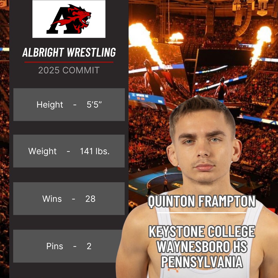 Quinton Frampton looks to finish off his college career at Albright College. Frampton looks to wrestle at either 133, 141 or 149 lbs. The Waynesboro High School graduate racked up 19 wins his senior year and placed at the sectional championships. Welcome Quinton!
