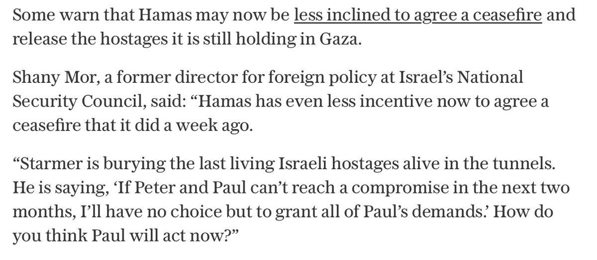 Starmer is threatening Israel with an angry gesture if it doesn't end the war even with hostages left behind and Hamas in power.

And he's threatening Hamas that he'll punish Israel if hostages aren't released.

In both cases, I don't think he understands how incentives work.