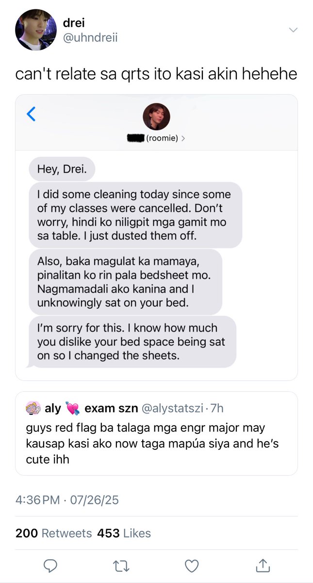 hanlixir's tweet image. #boochan au

andrei (dn) proves to the internet na hindi lahat ng engr majors ay red flag.

exhibit one: his roommate mikael (sk).