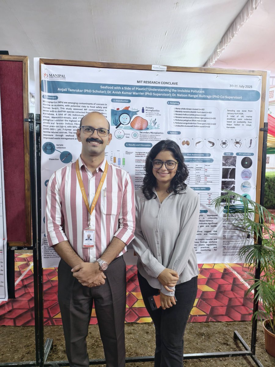 AnjaliTamrakar5's tweet image. Presented my work &quot;Seafood with a Side of Plastic?&quot; at the MIT Research Conclave, Manipal (30–31 July 2025) 🌊🧫
Grateful for the learning, feedback, and support from my mentors and peers!

#Microplastics #MarinePollution #PhDLife #MITMAHE #ResearchConclave #EnvironmentalScience