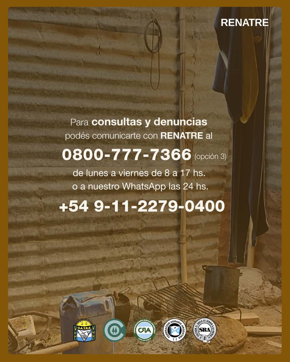En el Día Mundial contra la Trata de Personas, desde RENATRE y las entidades que lo conforman, renovamos nuestro compromiso en la prevención de este delito. Reforzamos el trabajo conjunto para proteger derechos.

<a href="/uatreoficial/">UATRE</a> <a href="/CRAprensa/">CRA</a> <a href="/fedeagraria/">Federación Agraria Argentina</a> <a href="/SociedadRural/">Sociedad Rural Argentina</a>