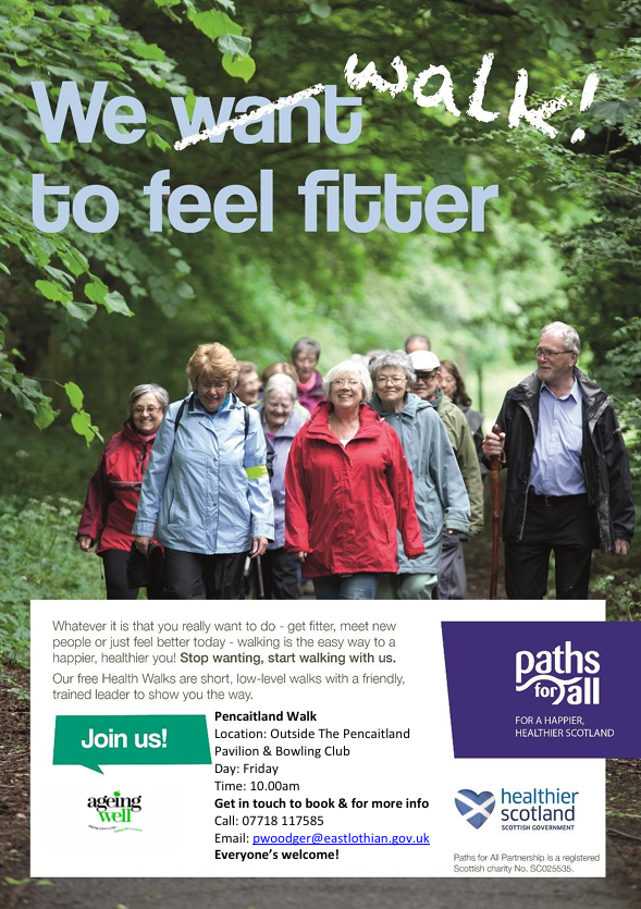 Our next block of walks in Haddington, Dirleton &amp; Pencaitland are starting next week.

Haddington - Mon 4th Aug
Dirleton - Wed 6th Aug
Pencaitland - Fri 8th Aug

Why not come along and get involved?!

Anyone of all ages and abilities is welcome!