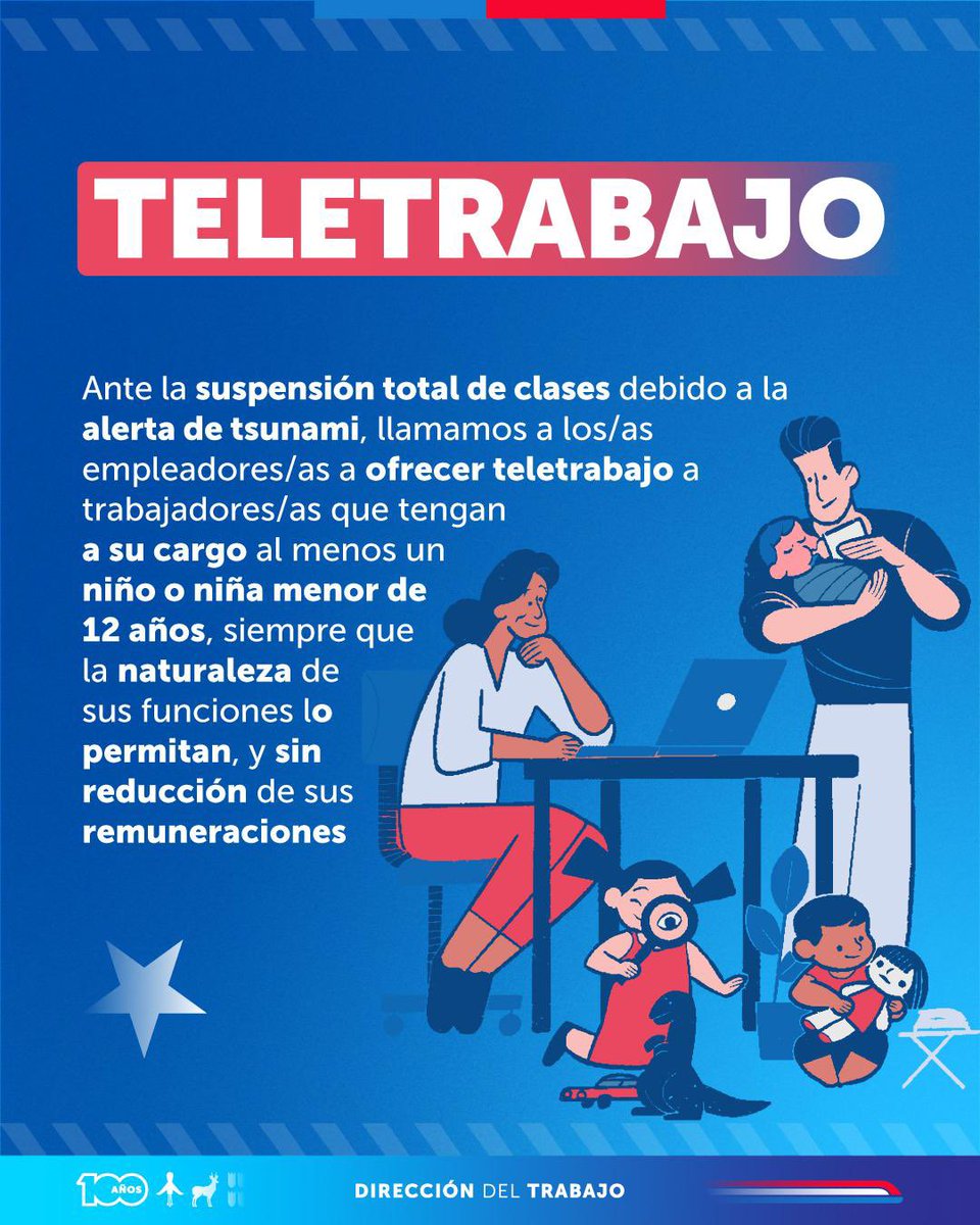 🚨Debido a la #AlertaROJA por un eventual #tsunami en la comunas del borde costero continental entre las regiones de Arica y Parinacota y Magallanes, incluyendo el Territorio Insular y Antártico, llamamos a los/as empleadores/as a ofrecer teletrabajo a trabajadores/as que tengan