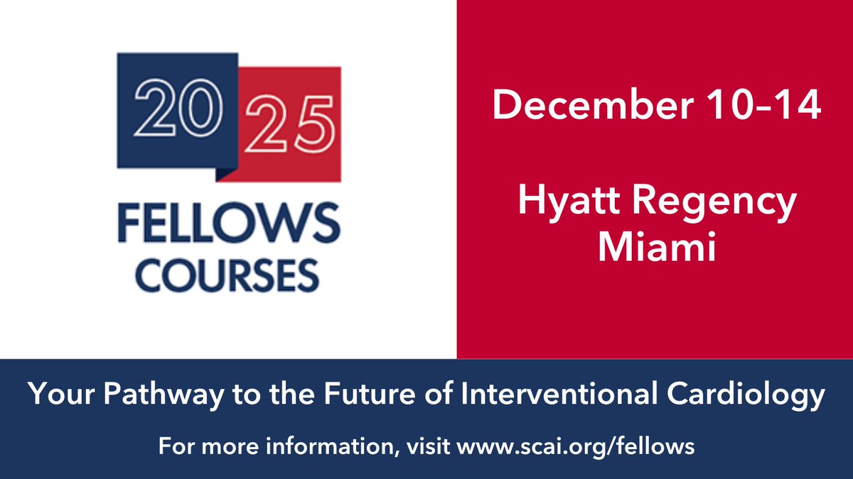 📣Applications are now open for 2025 #SCAIFellows Courses! Have your #InterventionalCardiology fellows join us Dec. 10-14 in Miami to obtain the knowledge and skills necessary for post-fellowship practice.

Apply for a scholarship now➡️ scai.org/fellows