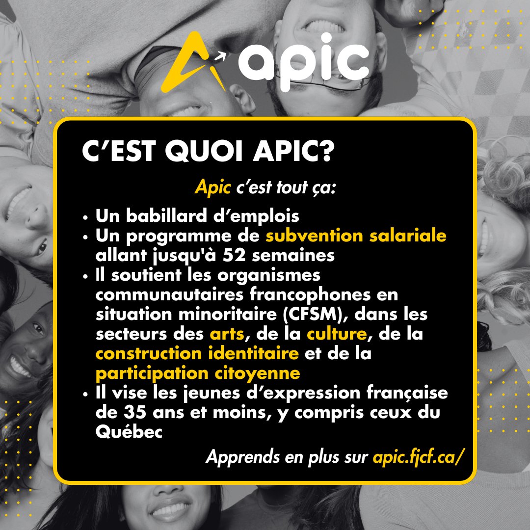 Apic est un programme de subvention salariale destiné aux organismes communautaires établis dans les communautés francophones en situation minoritaire! Consulte régulièrement le babillard d'emplois pour regarder les offres disponible!

#Communautaires #ConstructionIdentitaire