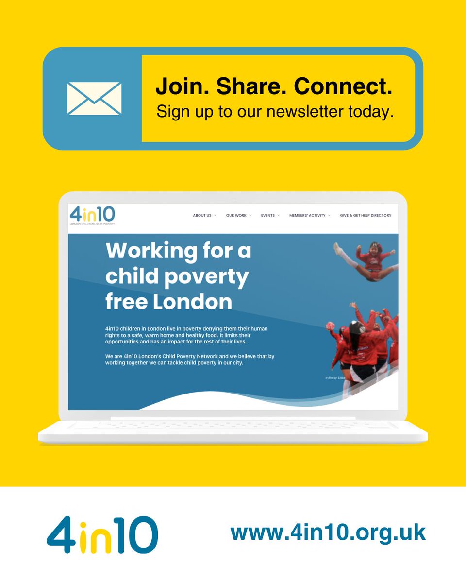 4in10's tweet image. Stay up-to-date with news about how 4in10 members are working towards a child poverty free London.

By signing up to our newsletter, you&apos;ll be the first to hear about new research, funding opportunities, events, campaigns and jobs within the London child poverty network.