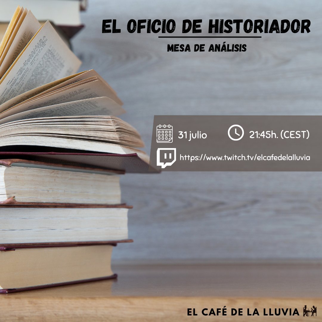 El Café de la Lluvia (@cafelluvia) on Twitter photo 📢Mañana, jueves, tenemos una mesa de análisis necesaria.
Hablaremos acerca del oficio de historiador con <a href="/taguileraduran/">Tomás Aguilera Durán</a> , <a href="/DanielAquillue/">Daniel Aquillué</a> y <a href="/david_alore/">David Alegre Lorenz</a> 📚
La mesa comenzará a las 21.45h en nuestro canal de #twitch ▶️ bit.ly/4kvQsZR
#elcafédelalluvia 📢Mañana, jueves, tenemos una mesa de análisis necesaria.
Hablaremos acerca del oficio de historiador con <a href="/taguileraduran/">Tomás Aguilera Durán</a> , <a href="/DanielAquillue/">Daniel Aquillué</a> y <a href="/david_alore/">David Alegre Lorenz</a> 📚
La mesa comenzará a las 21.45h en nuestro canal de #twitch ▶️ bit.ly/4kvQsZR
#elcafédelalluvia