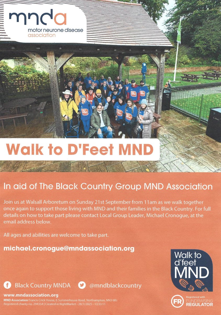 Join us for our annual walk to d'feet MND at Walsall Arboretum on Sunday 21st September from 11am.