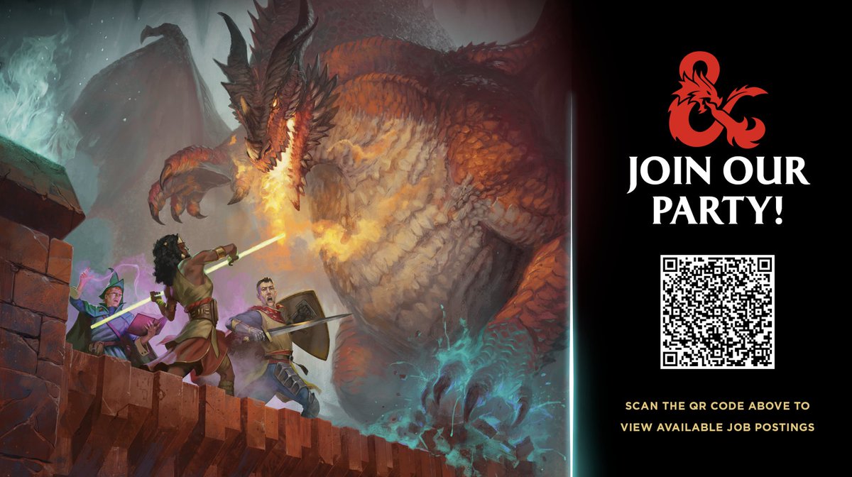 We have jobs open across Dungeons &amp; Dragons - come join us! 🤝

• Art: Art Manager, Graphic Designer, Sr. Graphic Designer
• Design: Principal Game Designer, Head of Game Ecosystem
• Production: Franchise Program Manager, Sr. Producer
• Technology: Principal Product Manager