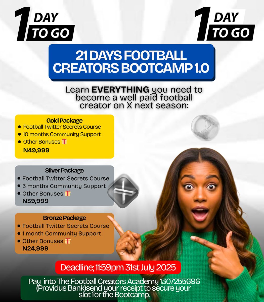 YOUR OFFER to learn all you need to become a well paid football creator on Twitter by the start of next season, in the Football Creators' Bootcamp ENDS TOMORROW.

The Bootcamp starts Monday next week. 

Choose any of the below packages and BOOK YOUR SLOT NOW!