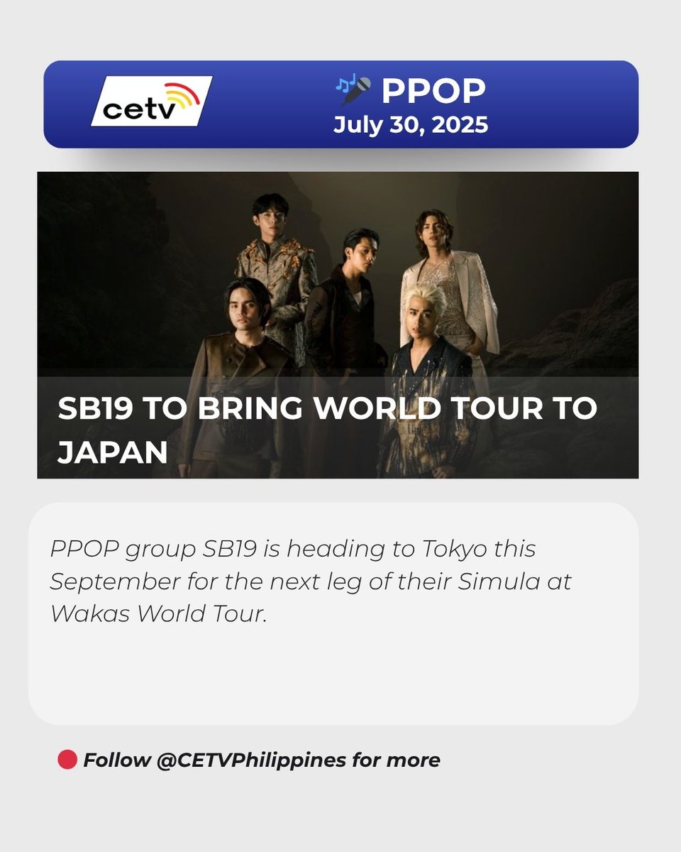 CETV Philippines (@cetvphilippines) on Twitter photo SB19 (<a href="/SB19Official/">SB19 Official</a>) takes Simula at Wakas to Japan!
Sept 24 – Zepp Haneda, Tokyo 🇯🇵
🎟 Tickets: Aug 23
Also out: “Umaaligid” collab with Sarah G now has 250K+ views.
👉 Read the full update on the FB page of CETV Philippines.
#SeeItOnCETV #SB19xSarahG #UmaaligidMV SB19 (<a href="/SB19Official/">SB19 Official</a>) takes Simula at Wakas to Japan!
Sept 24 – Zepp Haneda, Tokyo 🇯🇵
🎟 Tickets: Aug 23
Also out: “Umaaligid” collab with Sarah G now has 250K+ views.
👉 Read the full update on the FB page of CETV Philippines.
#SeeItOnCETV #SB19xSarahG #UmaaligidMV