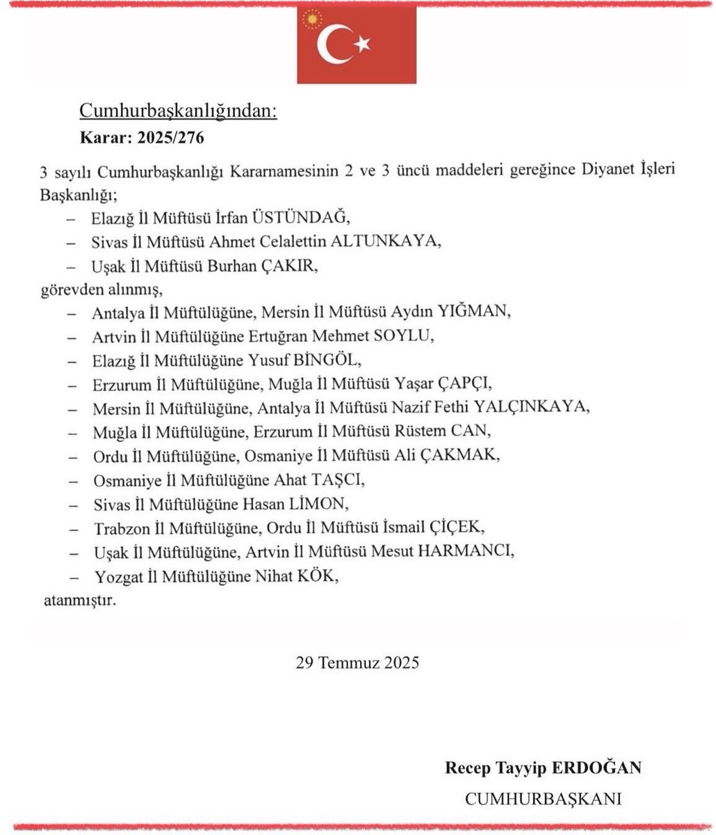 YENİ ATAMALARI TEBRİK EDİYOR, EKSİKLİKLERE DİKKAT ÇEKİYORUZ

Mil-Diyanet Sen olarak 30 Temmuz 2025 tarihli Resmî Gazete’de yayımlanan müftüler kararnamesini iki başlık altında değerlendiriyoruz.

Öncelikle, yeni görev yerlerine atanan il müftülerimizi tebrik ediyor, bu önemli