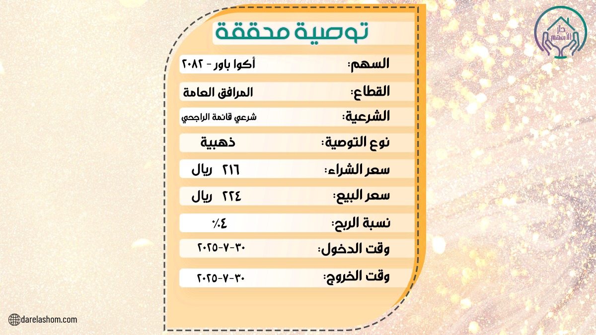 سهم ذهبي من #دار_الأسهم 💰⚡

#أكواباور

اعلي نسبة ربح لل #توصيات و #ادارة_المحافظ💸

 واتساب📲
wa.link/sl3hav

التلجرام📨
t.me/darelashum

المنصة📊
tickerchart.net/ar/community/u…

الموقع الرسمي🌐
darelashom.com

#تاسي
#تداول
#دار_الاركان
#أرامكو
#سابك