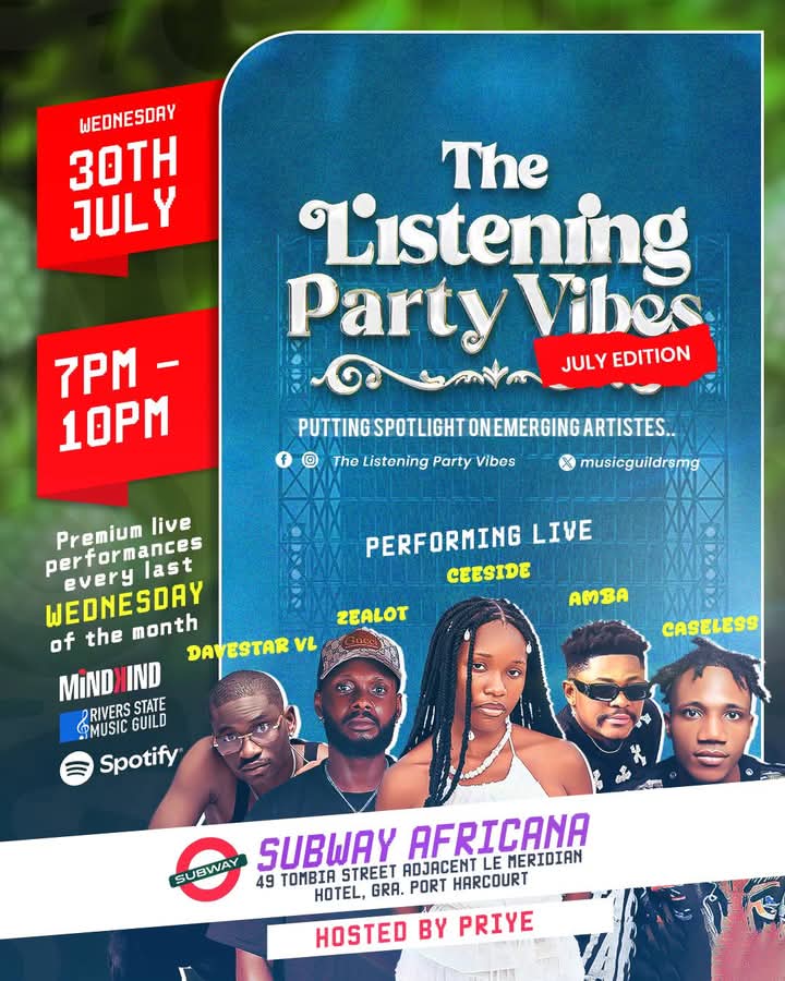 🎶 The Listening Party Vibes  – More Than Just Music 🎶

Join us in our monthly music experience where music is felt, not just heard.

This Wednesday at Subway Africana 
Adjacent Le Meridien. GRA.

Connect, discover, and unwind !!!

#TheListeningPartyVibes
